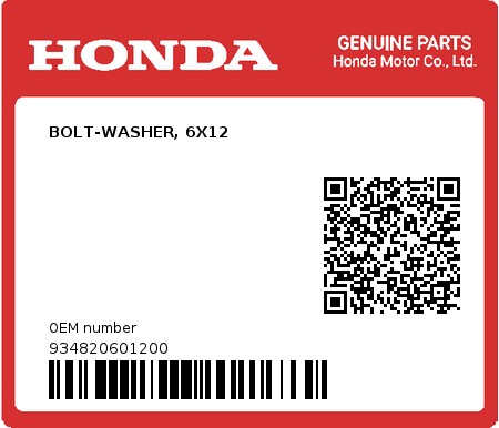 Product image: Honda - 934820601200 - BOLT-WASHER, 6X12  0