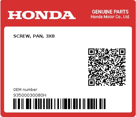 Product image: Honda - 93500030080H - SCREW, PAN, 3X8  0