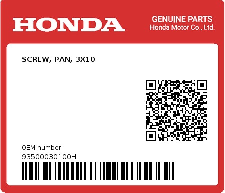 Product image: Honda - 93500030100H - SCREW, PAN, 3X10  0