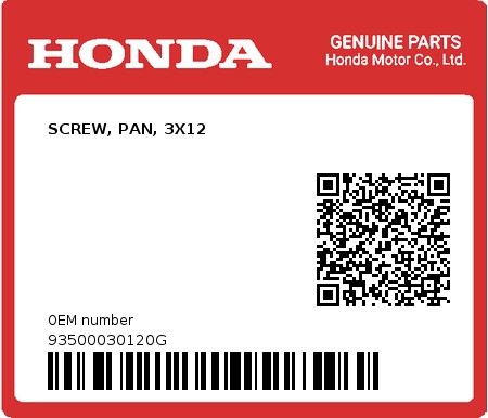 Product image: Honda - 93500030120G - SCREW, PAN, 3X12  0