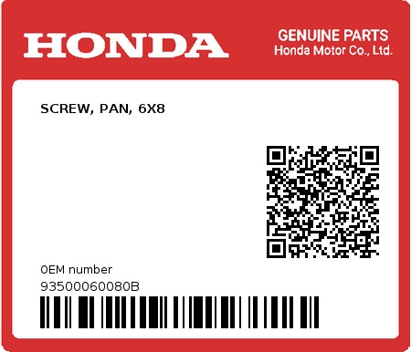 Product image: Honda - 93500060080B - SCREW, PAN, 6X8  0
