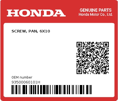 Product image: Honda - 93500060101H - SCREW, PAN, 6X10  0
