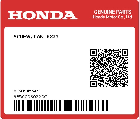 Product image: Honda - 93500060220G - SCREW, PAN, 6X22  0