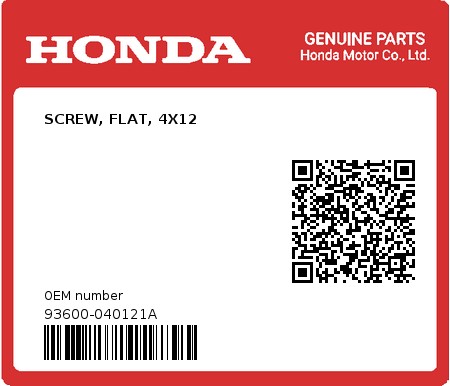 Product image: Honda - 93600-040121A - SCREW, FLAT, 4X12  0
