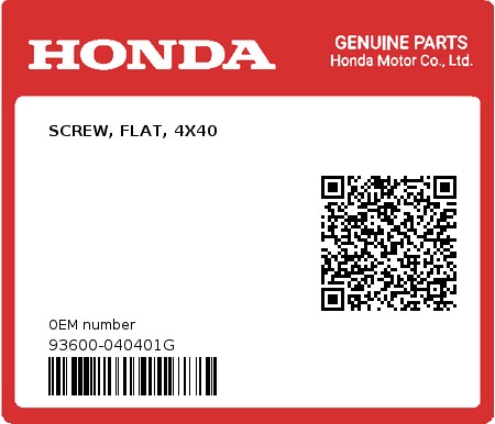 Product image: Honda - 93600-040401G - SCREW, FLAT, 4X40  0