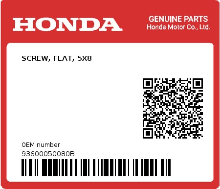 Product image: Honda - 93600050080B - SCREW, FLAT, 5X8  0