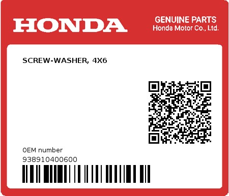 Product image: Honda - 938910400600 - SCREW-WASHER, 4X6  0