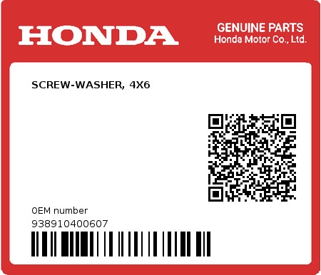 Product image: Honda - 938910400607 - SCREW-WASHER, 4X6  0