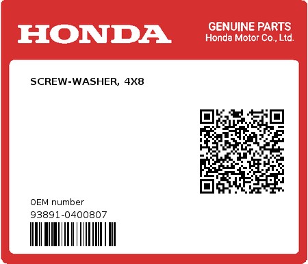 Product image: Honda - 93891-0400807 - SCREW-WASHER, 4X8  0