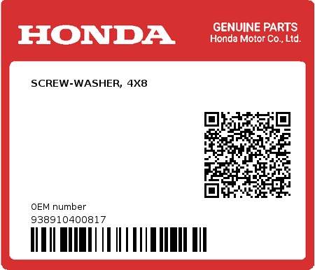 Product image: Honda - 938910400817 - SCREW-WASHER, 4X8  0
