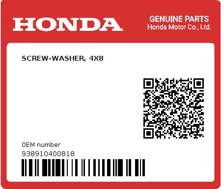 Product image: Honda - 938910400818 - SCREW-WASHER, 4X8  0