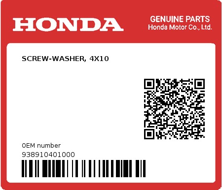 Product image: Honda - 938910401000 - SCREW-WASHER, 4X10  0