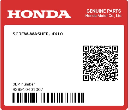 Product image: Honda - 938910401007 - SCREW-WASHER, 4X10  0