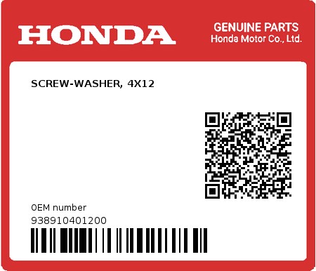 Product image: Honda - 938910401200 - SCREW-WASHER, 4X12  0