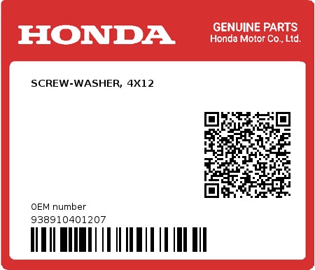 Product image: Honda - 938910401207 - SCREW-WASHER, 4X12  0