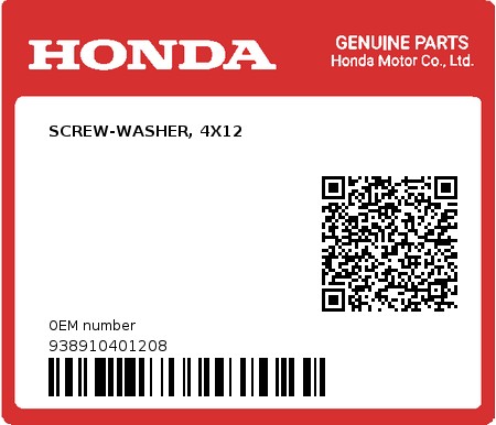 Product image: Honda - 938910401208 - SCREW-WASHER, 4X12  0