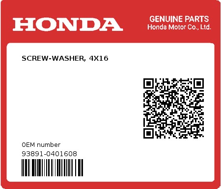 Product image: Honda - 93891-0401608 - SCREW-WASHER, 4X16  0