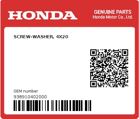 Product image: Honda - 938910402000 - SCREW-WASHER, 4X20  0