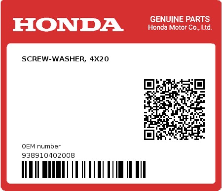 Product image: Honda - 938910402008 - SCREW-WASHER, 4X20  0