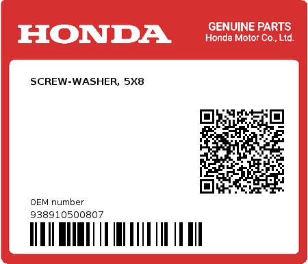 Product image: Honda - 938910500807 - SCREW-WASHER, 5X8  0
