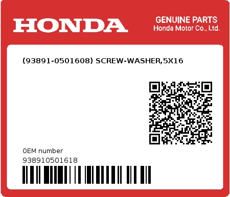 Product image: Honda - 938910501618 - (93891-0501608) SCREW-WASHER,5X16  0