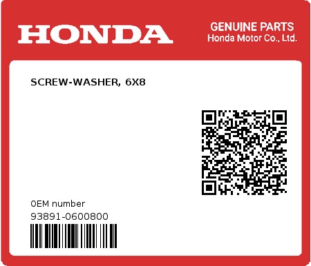 Product image: Honda - 93891-0600800 - SCREW-WASHER, 6X8  0