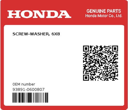Product image: Honda - 93891-0600807 - SCREW-WASHER, 6X8  0