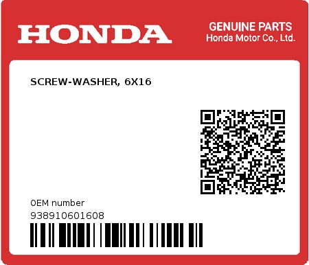 Product image: Honda - 938910601608 - SCREW-WASHER, 6X16  0