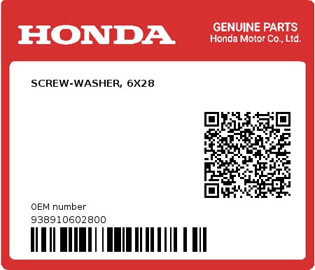Product image: Honda - 938910602800 - SCREW-WASHER, 6X28  0