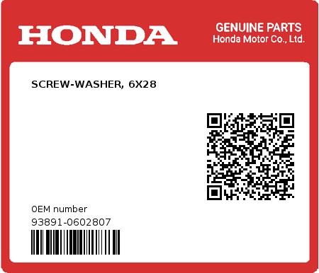 Product image: Honda - 93891-0602807 - SCREW-WASHER, 6X28  0