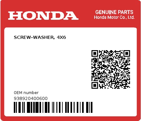 Product image: Honda - 938920400600 - SCREW-WASHER, 4X6  0