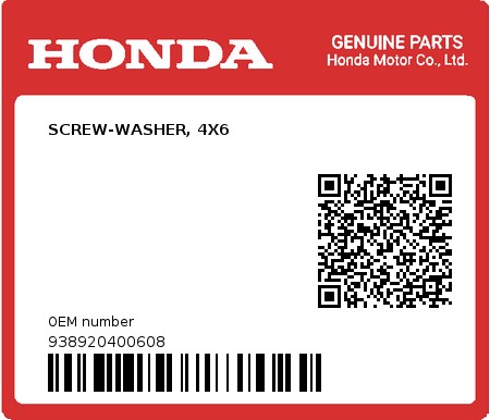 Product image: Honda - 938920400608 - SCREW-WASHER, 4X6  0