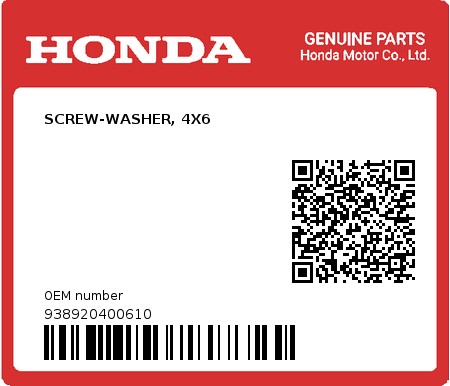 Product image: Honda - 938920400610 - SCREW-WASHER, 4X6  0
