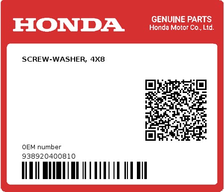 Product image: Honda - 938920400810 - SCREW-WASHER, 4X8  0