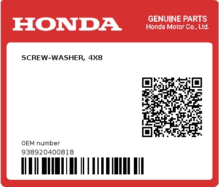 Product image: Honda - 938920400818 - SCREW-WASHER, 4X8  0