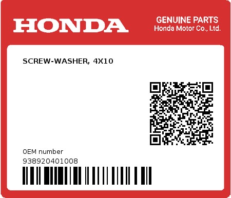 Product image: Honda - 938920401008 - SCREW-WASHER, 4X10  0