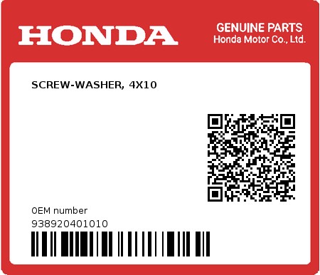 Product image: Honda - 938920401010 - SCREW-WASHER, 4X10  0