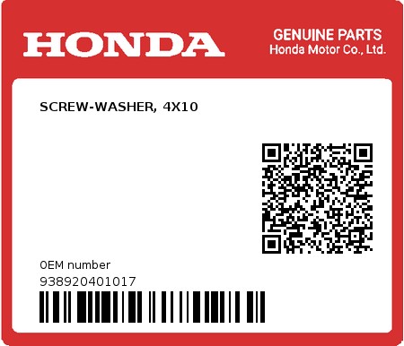 Product image: Honda - 938920401017 - SCREW-WASHER, 4X10  0
