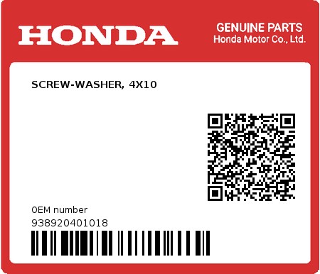 Product image: Honda - 938920401018 - SCREW-WASHER, 4X10  0