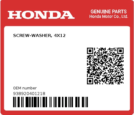 Product image: Honda - 938920401218 - SCREW-WASHER, 4X12  0