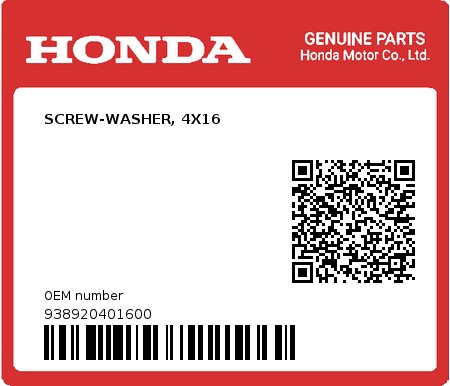 Product image: Honda - 938920401600 - SCREW-WASHER, 4X16  0