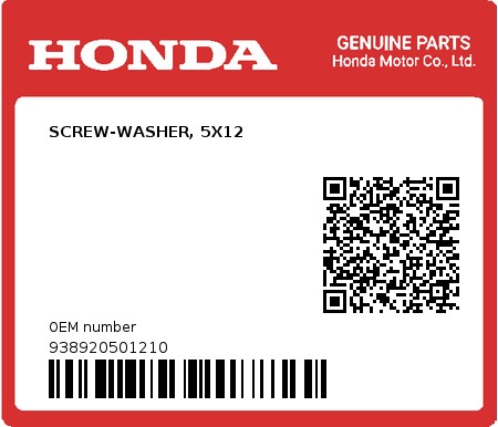 Product image: Honda - 938920501210 - SCREW-WASHER, 5X12  0