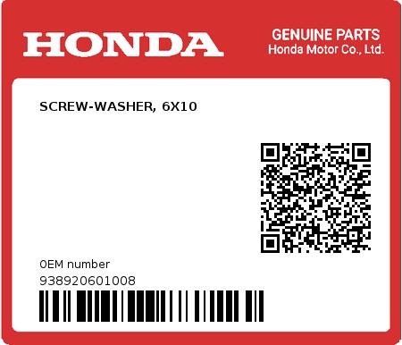 Product image: Honda - 938920601008 - SCREW-WASHER, 6X10  0