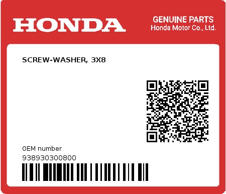 Product image: Honda - 938930300800 - SCREW-WASHER, 3X8  0