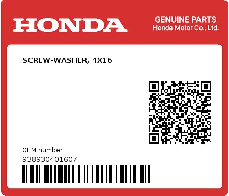 Product image: Honda - 938930401607 - SCREW-WASHER, 4X16  0