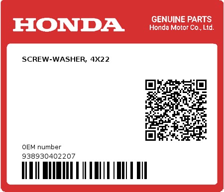 Product image: Honda - 938930402207 - SCREW-WASHER, 4X22  0