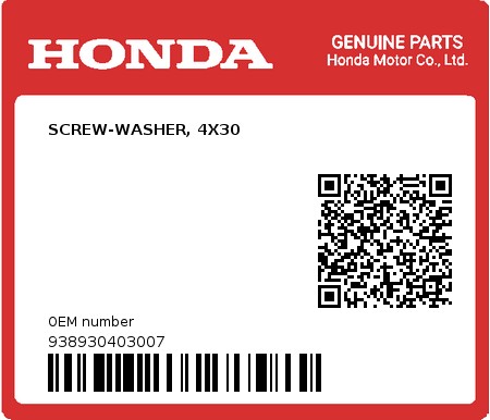 Product image: Honda - 938930403007 - SCREW-WASHER, 4X30  0