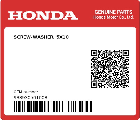 Product image: Honda - 938930501008 - SCREW-WASHER, 5X10  0