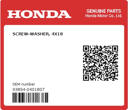 Product image: Honda - 93894-0401807 - SCREW-WASHER, 4X18  0