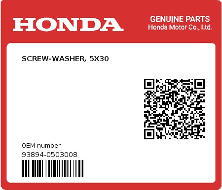 Product image: Honda - 93894-0503008 - SCREW-WASHER, 5X30  0